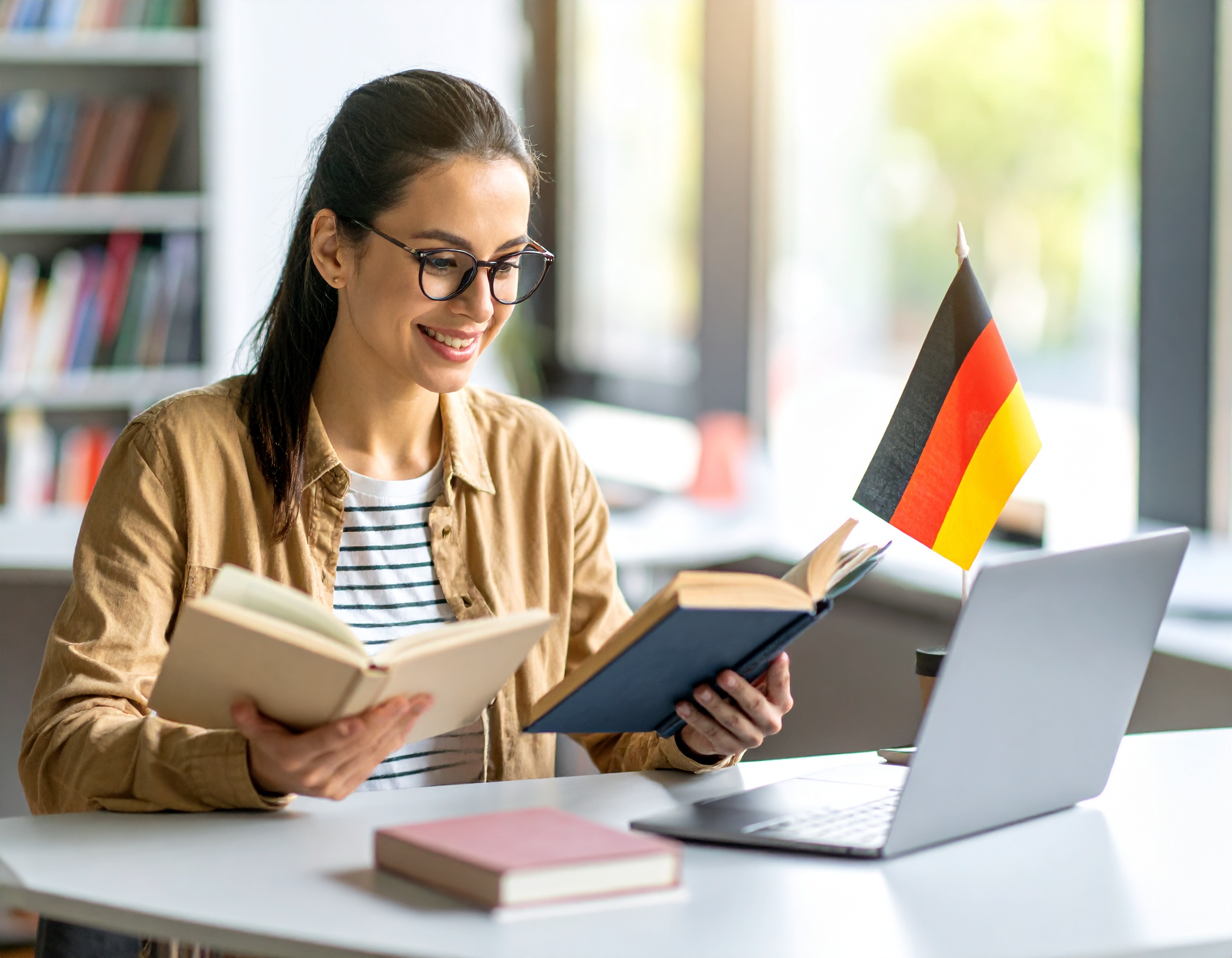 Firefly_a young lady studing and somewhere clearly a german flag 572934